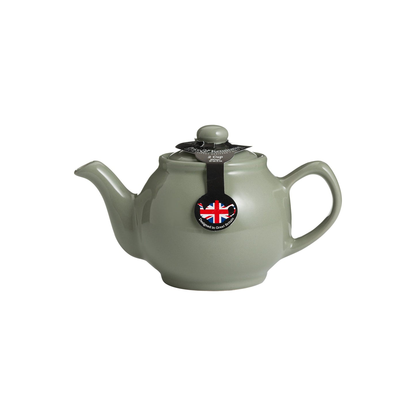 Sage green ceramic teapot with lid and curved handle on a white background