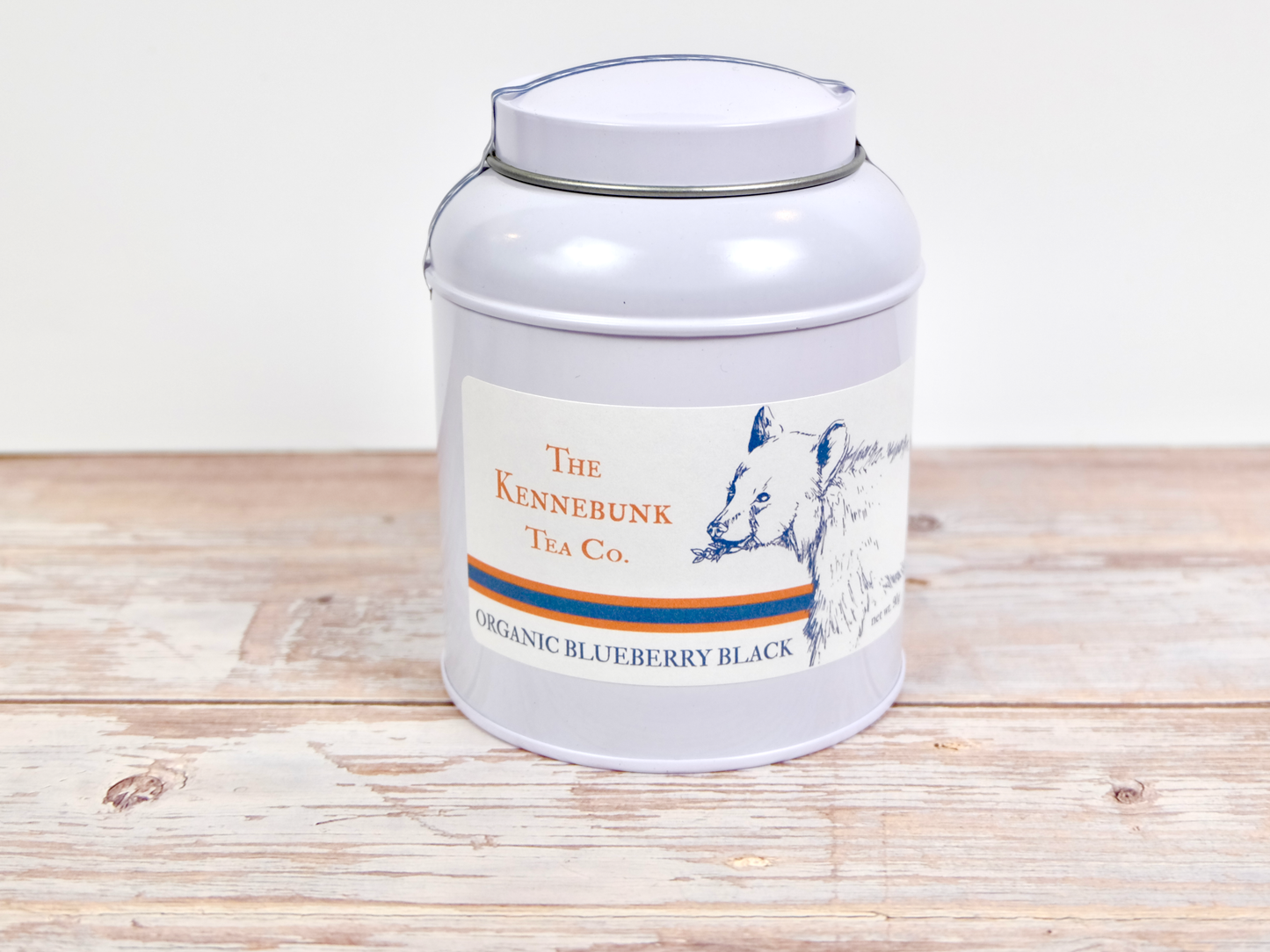 Blueberry Black Tea loose leaf tea in a tin with Bear label