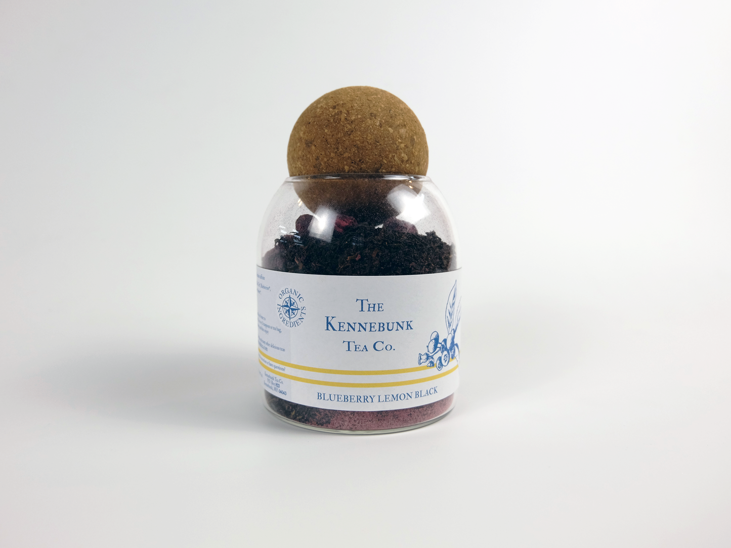 Blueberry Lemon Black Tea loose leaf tea in a glass jar with blueberry label