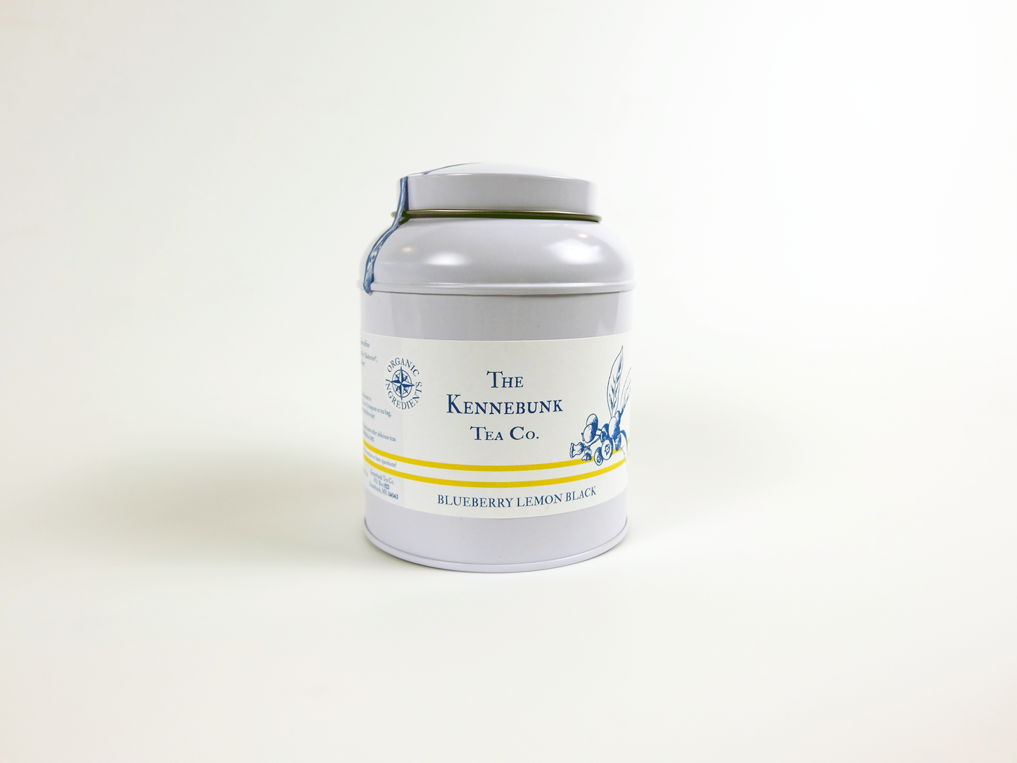 Blueberry Lemon Black Tea loose leaf tea in a tin with blueberry label