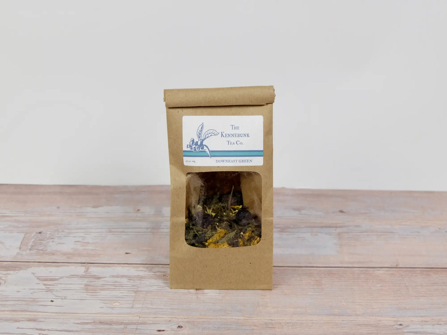 Downeast Green Tea loose leaf tea with a small refill tea bag with Blueberry label