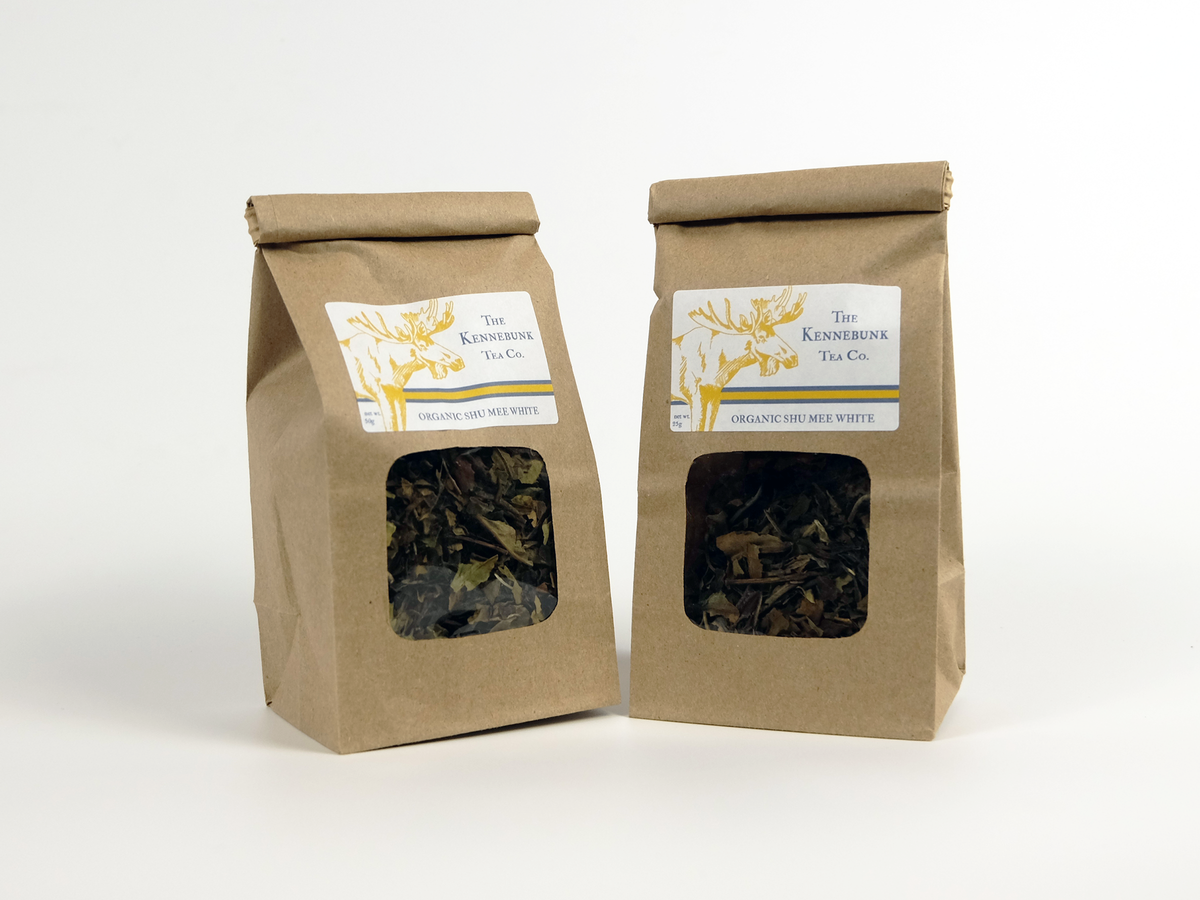 Organic Shu Mee White Tea loose leaf tea with a small and large refill tea bags