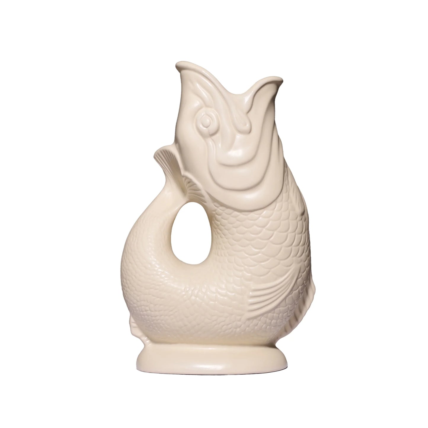 Side view of cream ceramic fish-shaped Gluggle jug