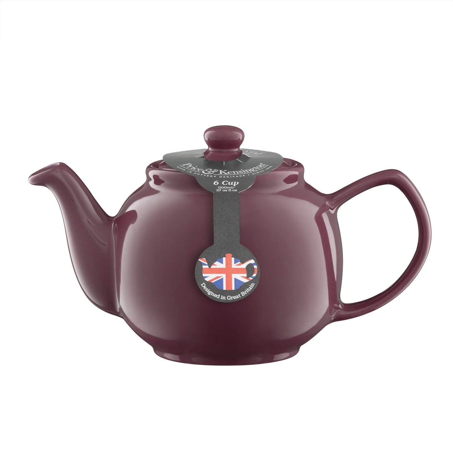 Magenta teapot with a Union Jack design on a white background