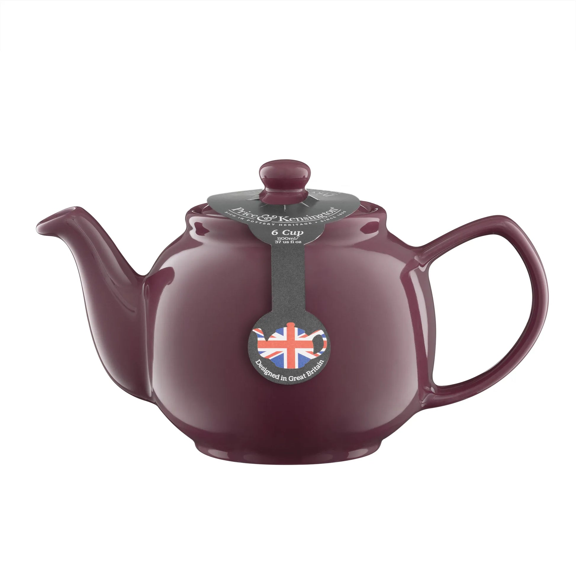 Magenta teapot with a Union Jack design on a white background