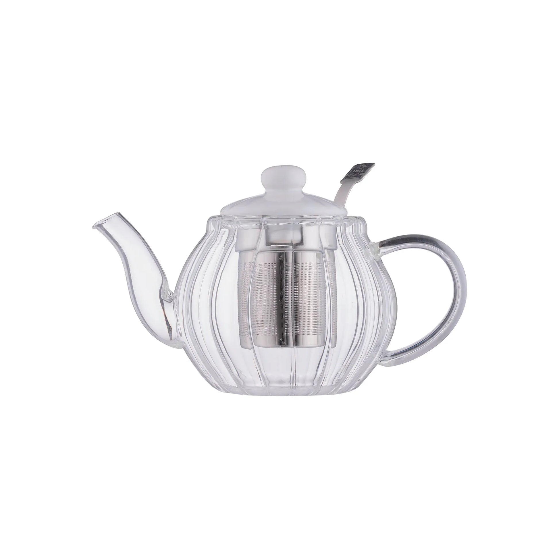 Clear glass teapot with metal lid and handle on a white background