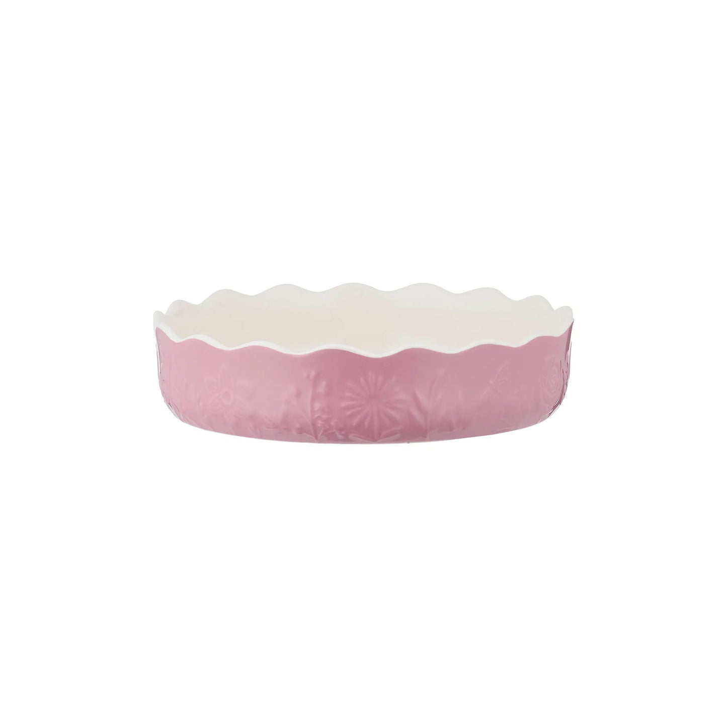 Pink pet bed with scalloped edge on a white background