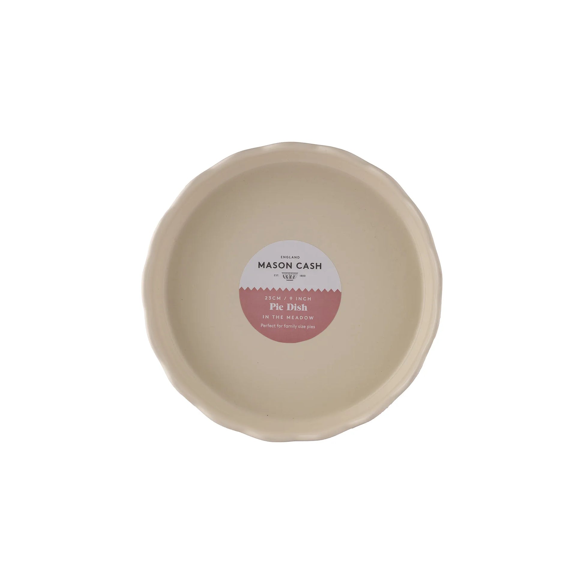 Beige pie dish with a label on a white background