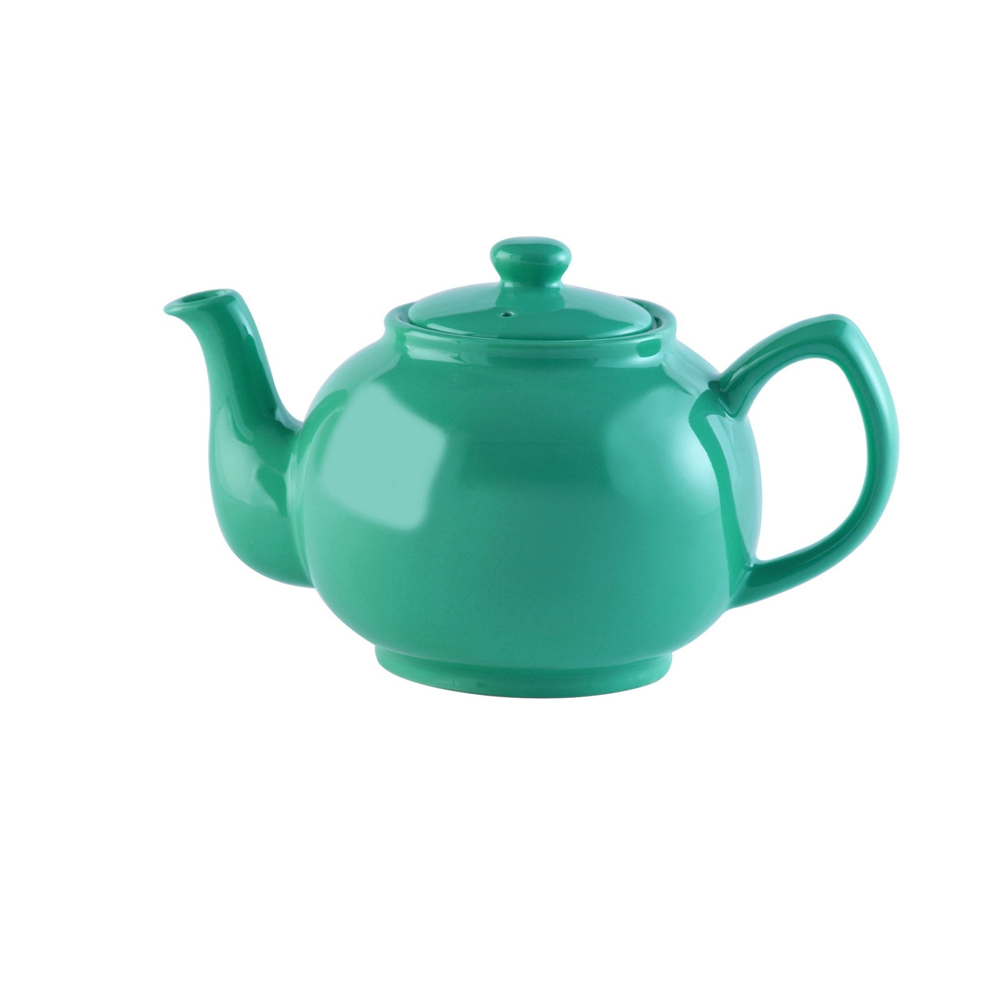 Jade green ceramic teapot with lid and curved handle on a white background