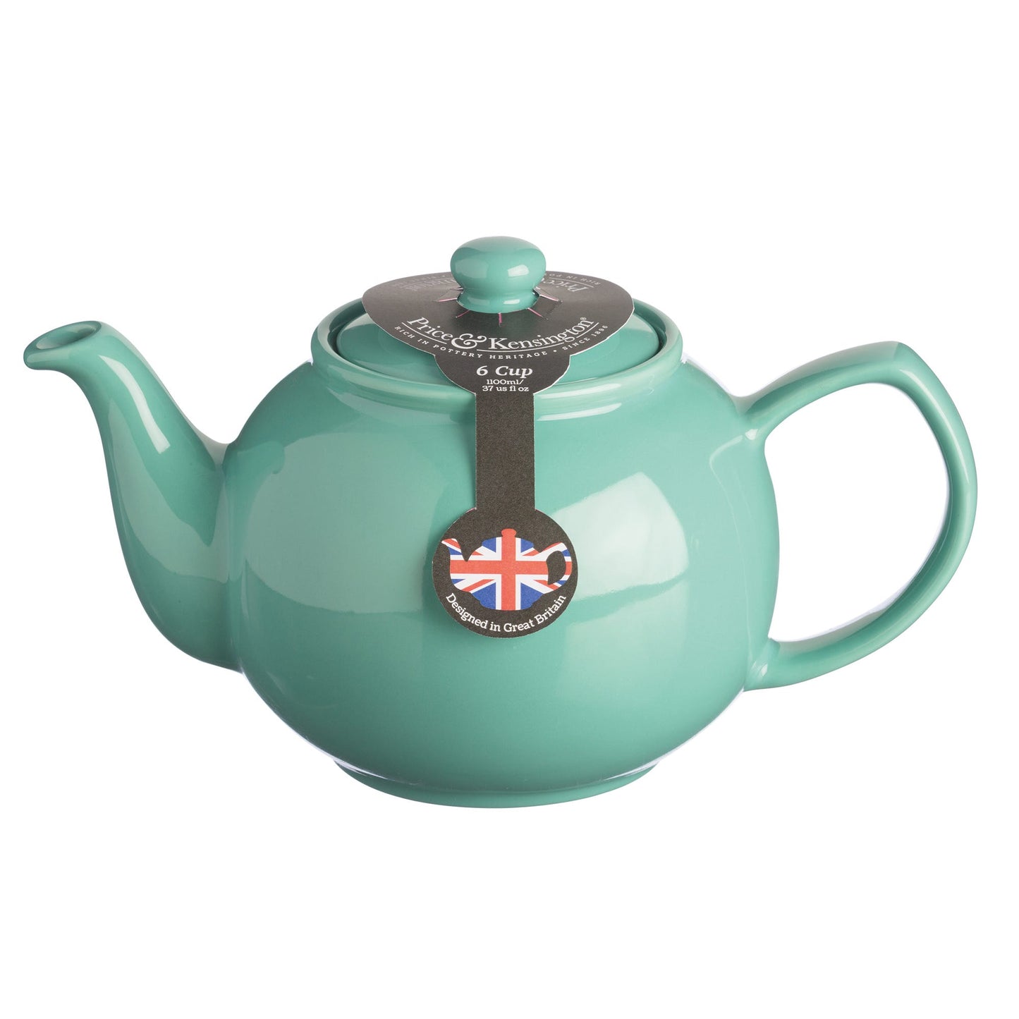 Jade green ceramic teapot with Price & Kensington logo on a white background