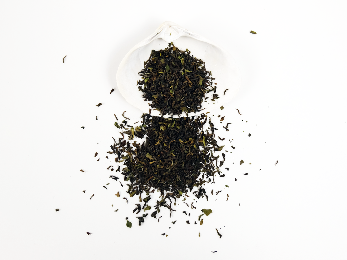 Phuguri first flush Darjeeling loose leaf tea in a white shell, spilling over the side