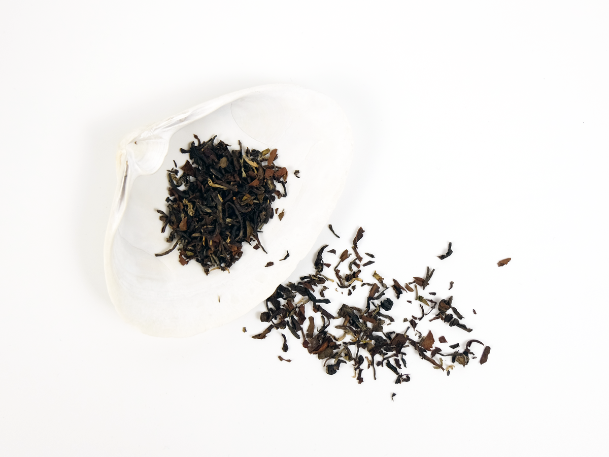 Phuguri second flush Darjeeling loose leaf tea on a white shell