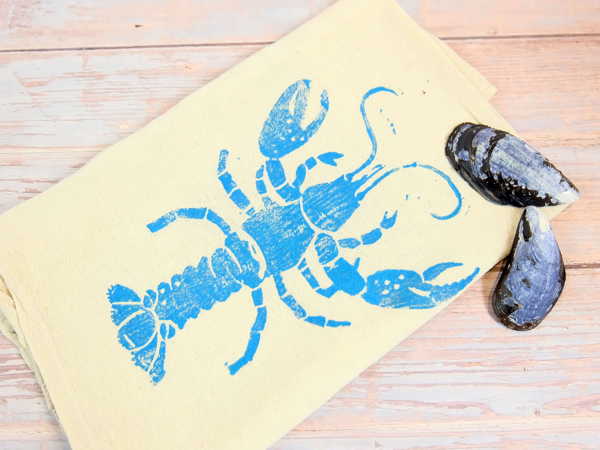 Blue lobster printed tea towel