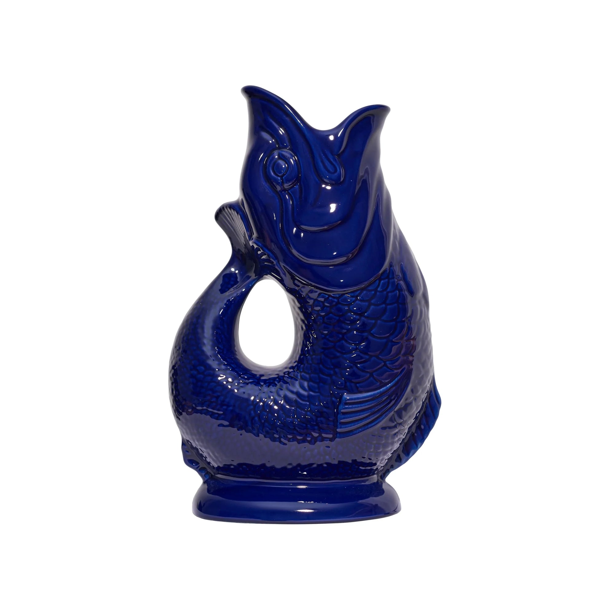 Side view of cobalt blue ceramic fish-shaped Gluggle jug 