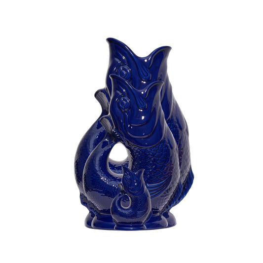 Blue ceramic product with 'The Gluggle Jug Factory handmade in England' text on a white background