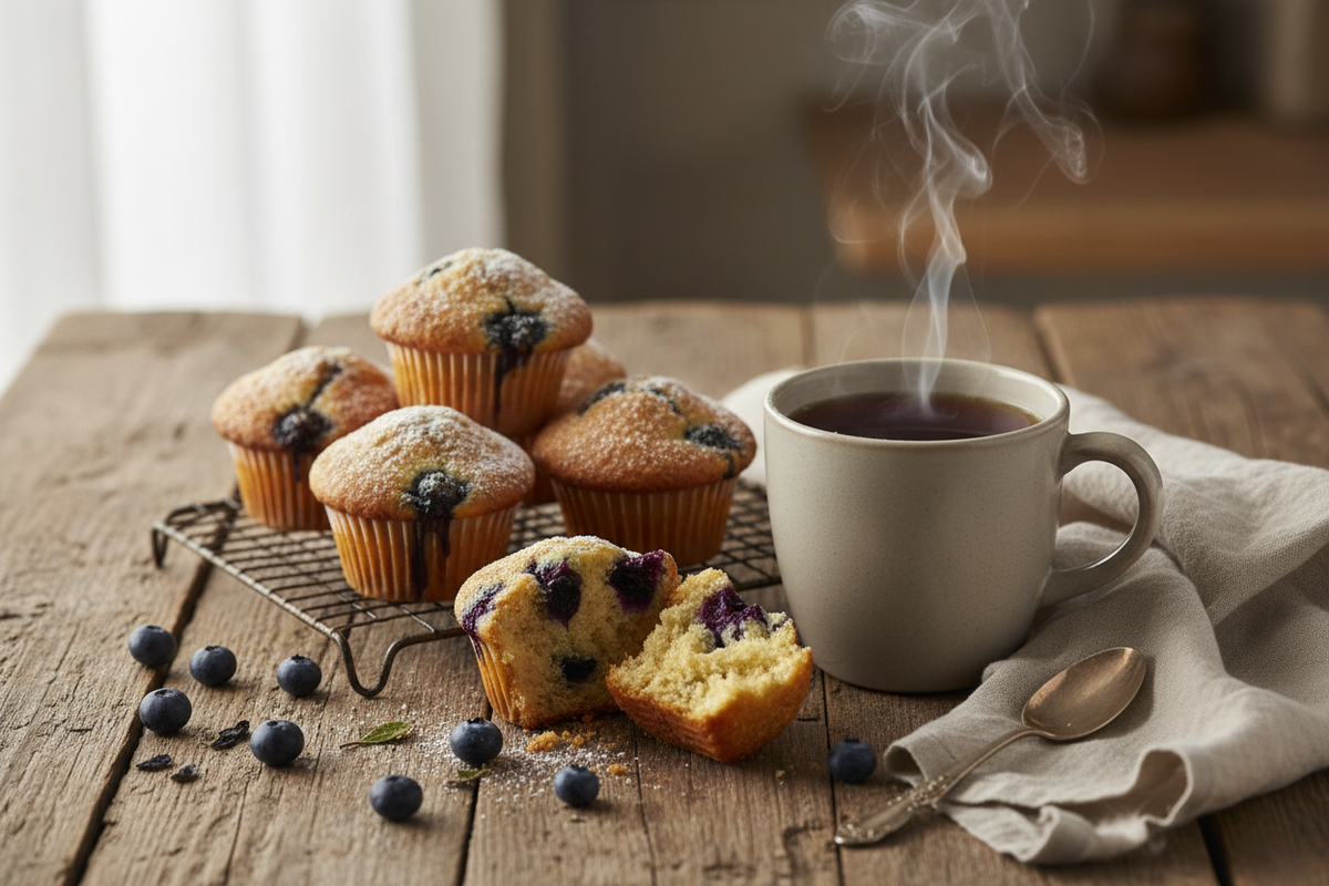 Blueberry muffins on a wooden table with a steaming cup of coffee.
