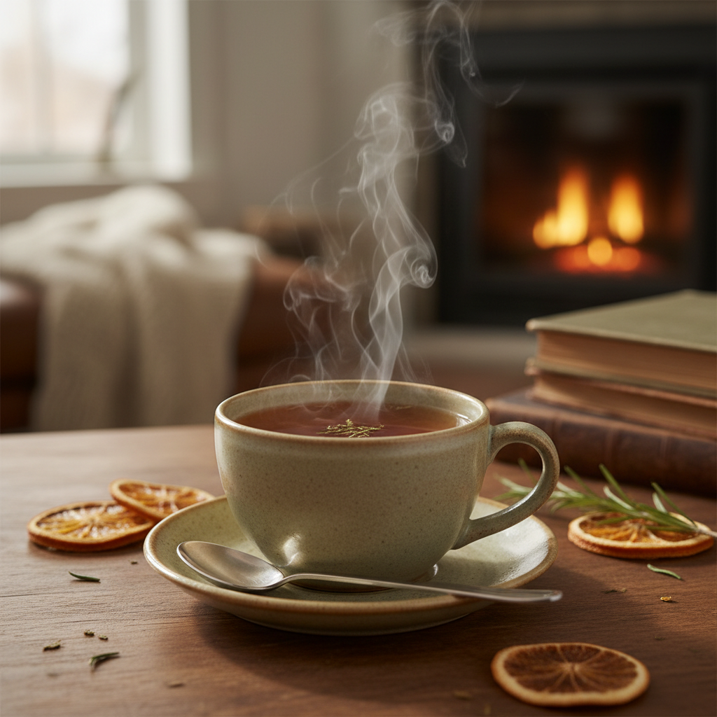 Steaming cup of tea on a wooden table with a fireplace in the background