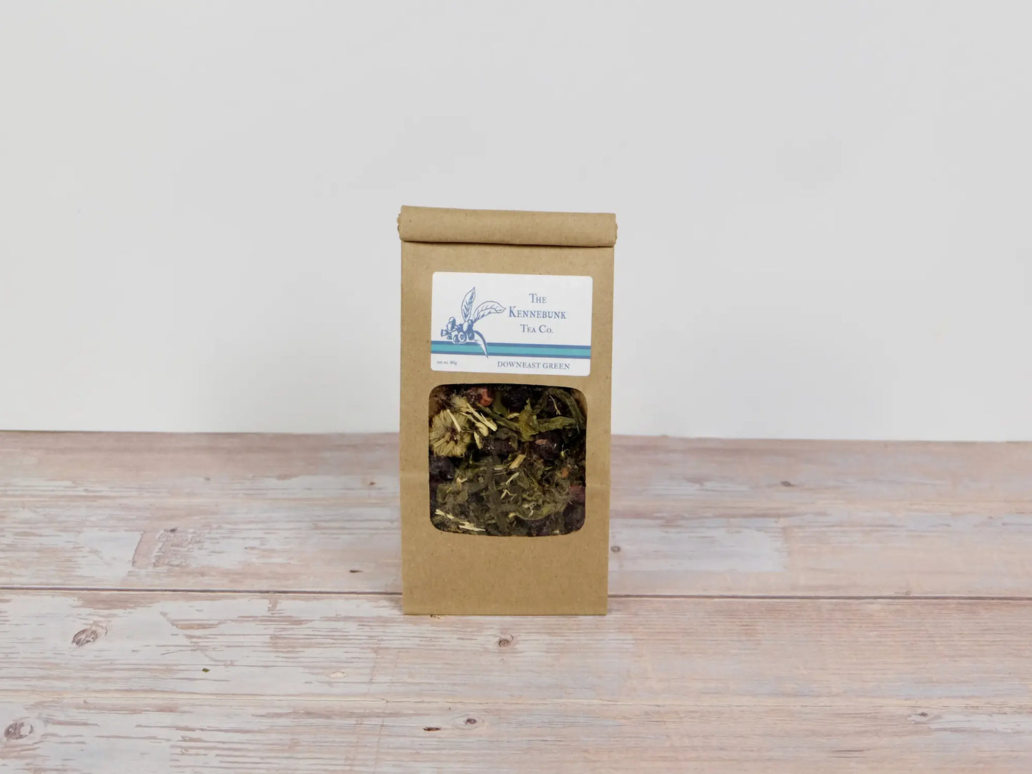 Downeast Green Tea loose leaf tea with a large refill tea bag with Blueberry label