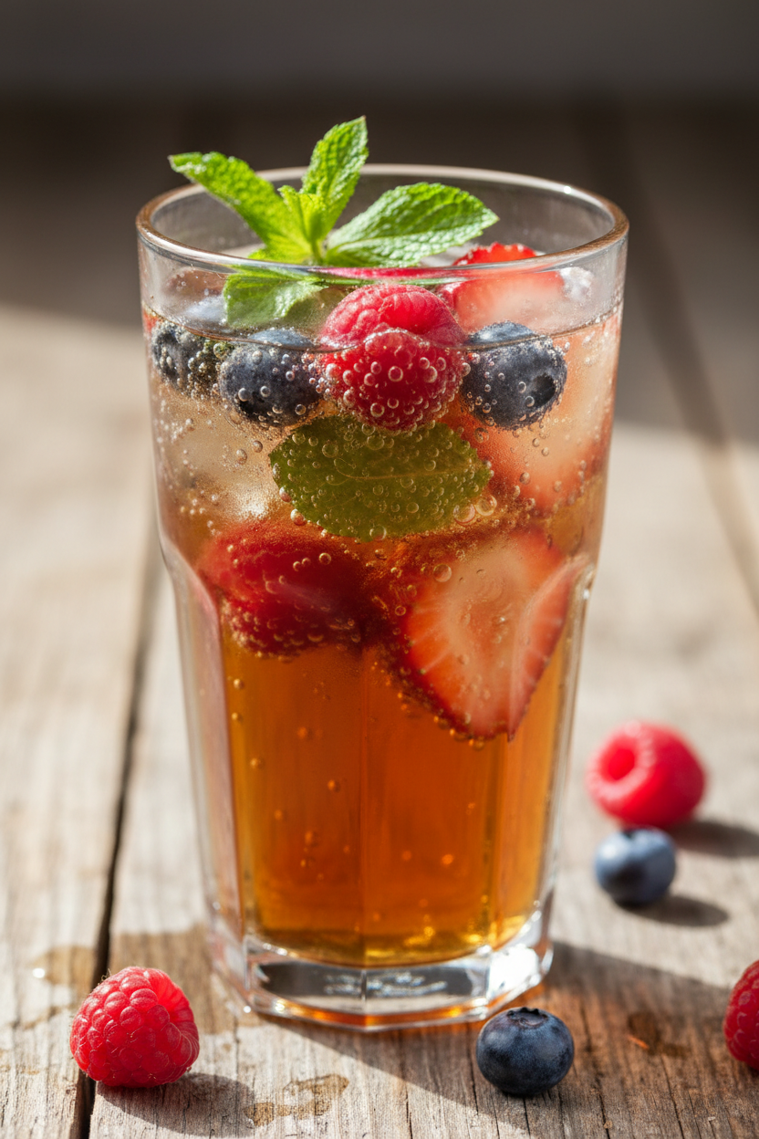 Glass of iced tea with berries and mint on a wooden surface