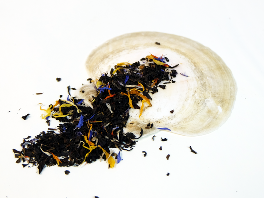 Katahdin Mountain Sunrise Tea loose leaf tea on a white shell