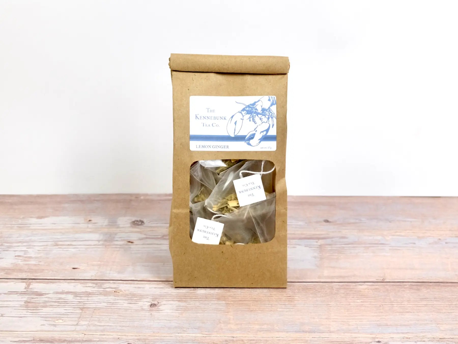 Lemon Ginger Tea filled tea bags in a refill bag