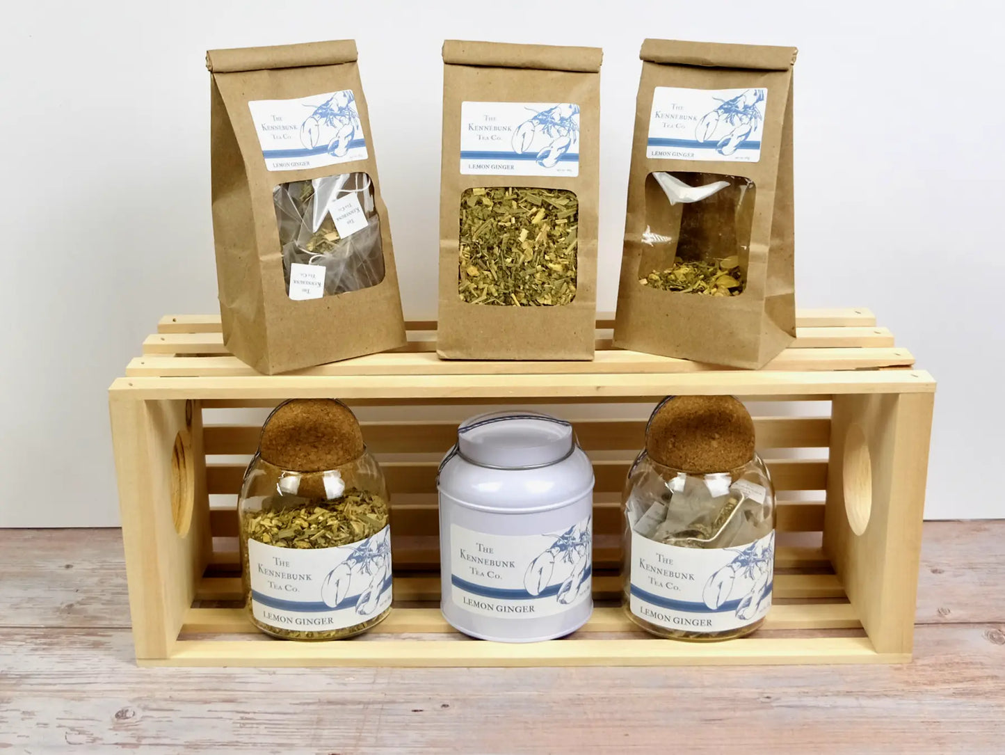Lemon Ginger Tea loose leaf tea with refill bags, tin, and glass jars