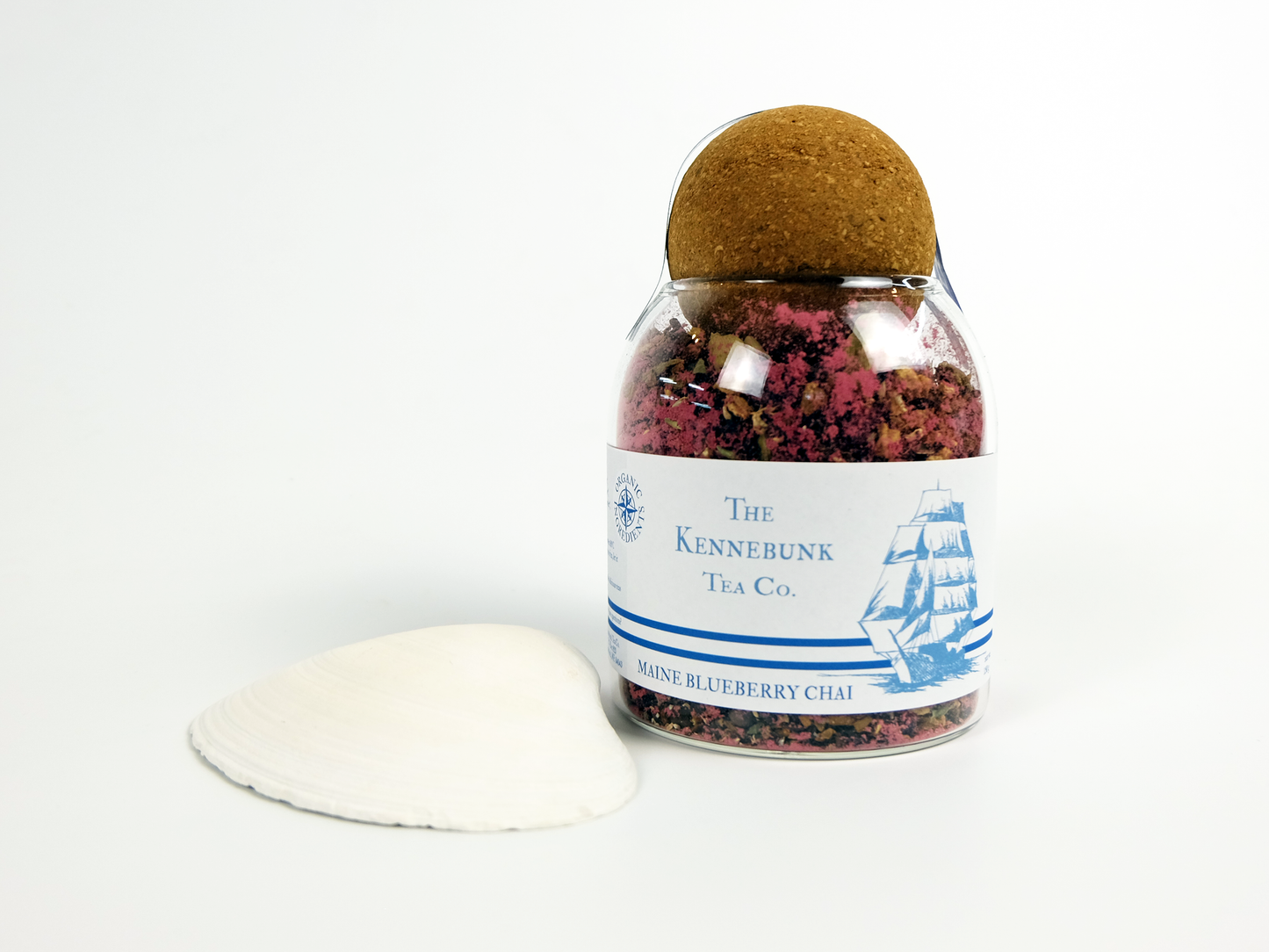 Maine Blueberry Chai loose leaf tea in a glass jar