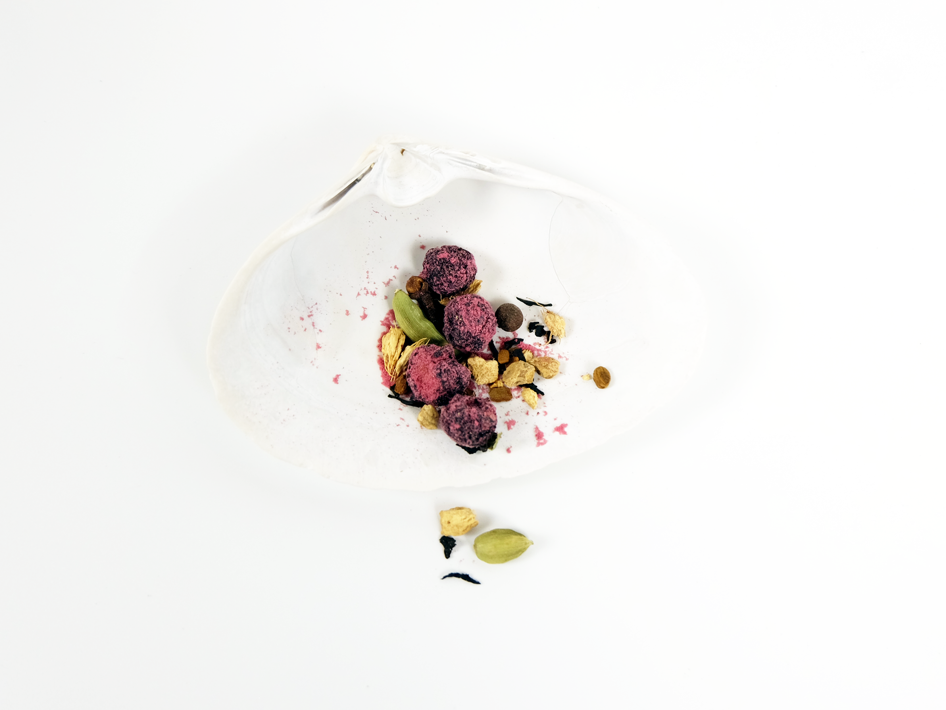 Maine Blueberry Chai loose leaf tea on a white shell