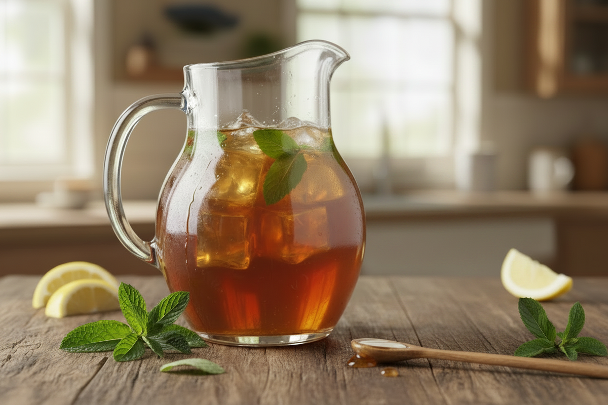 Glass pitcher of iced tea with lemon slices and mint leaves on a wooden table.