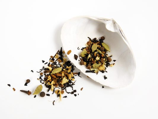 Masala Chai loose leaf tea on a white shell
