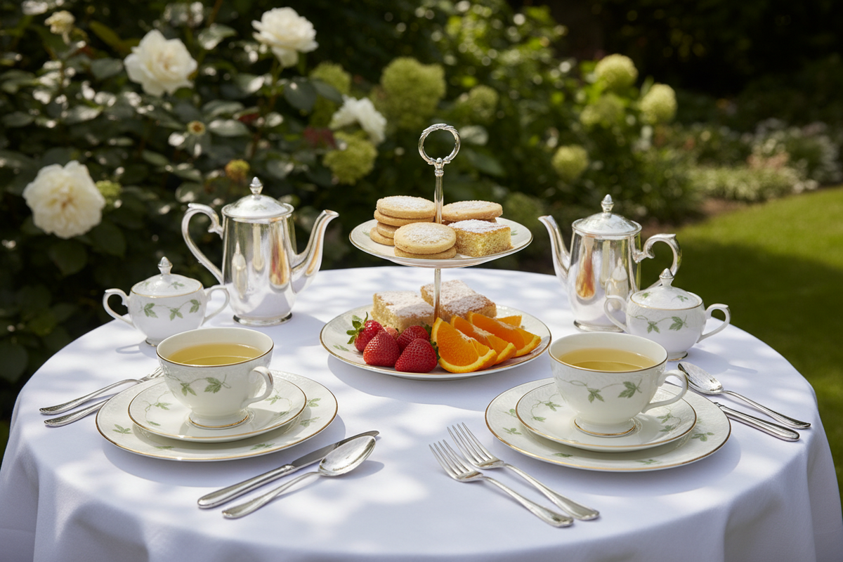 Tea set with teacups, teapots, and a cake stand with pastries and fruit on a table outdoors.