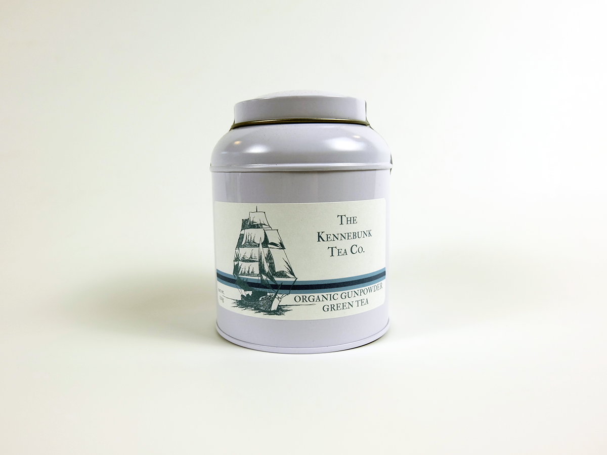 Organic Gunpowder Green Tea loose leaf tea in a tin with Clipper Ship label