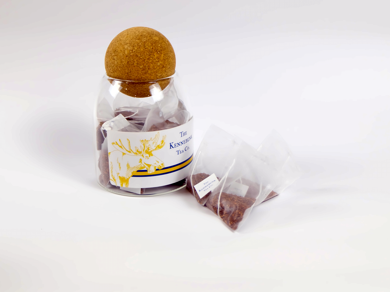 Organic Rooibos filled teabags in a glass jar