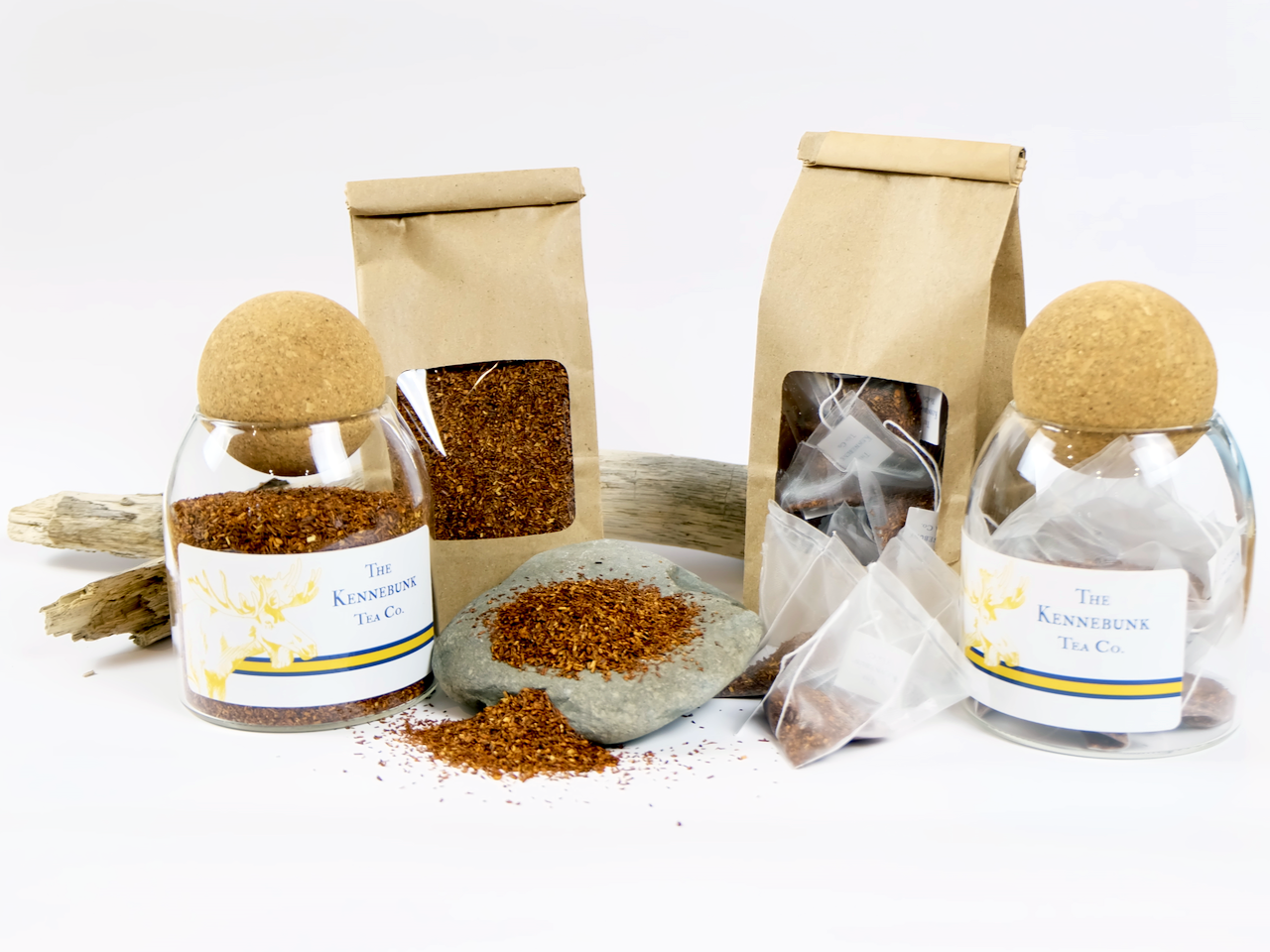 Organic Rooibos loose leaf tea displayed with glass jars and refill bags