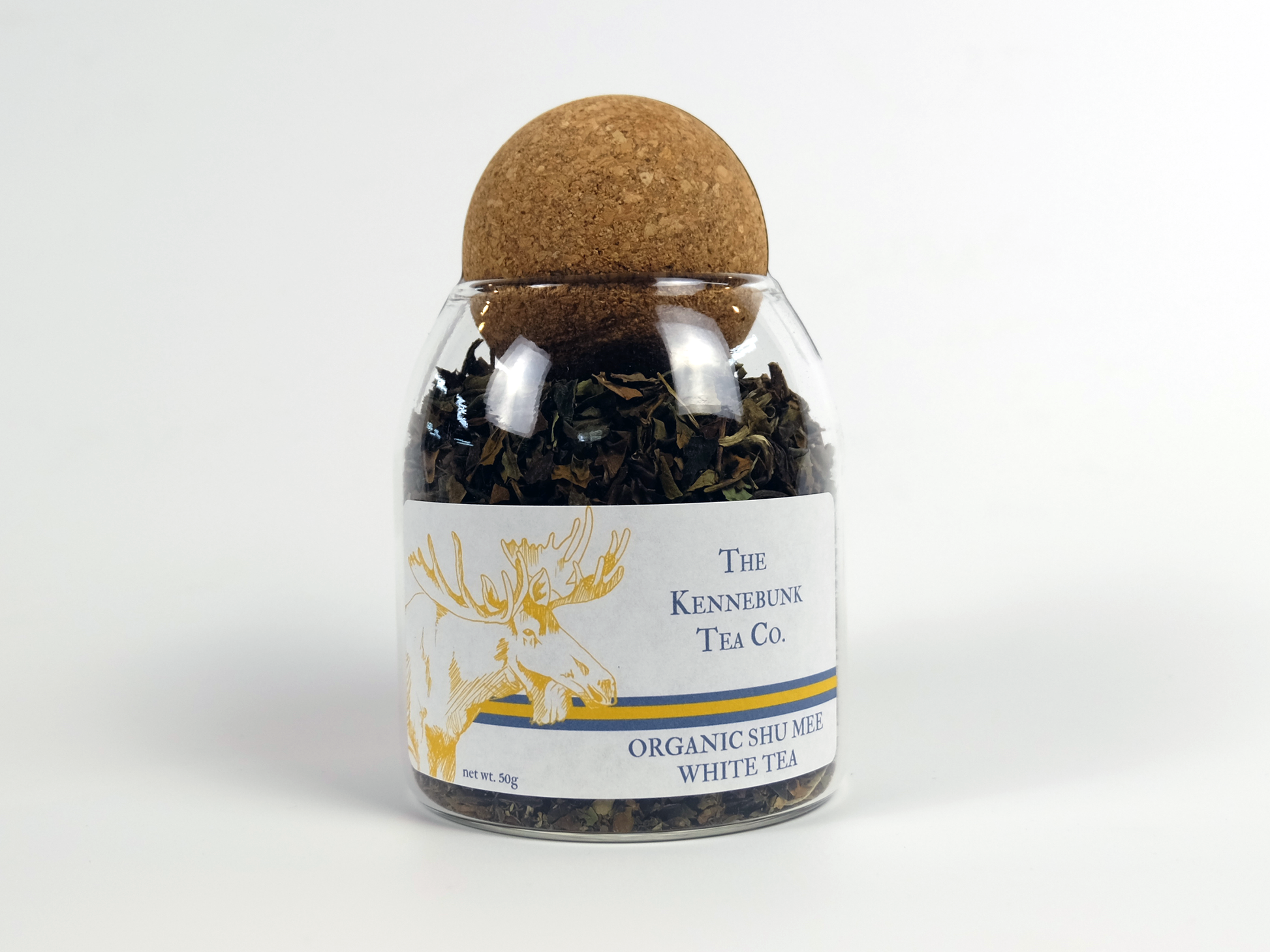 Organic Shu Mee White Tea loose leaf tea in a glass jar