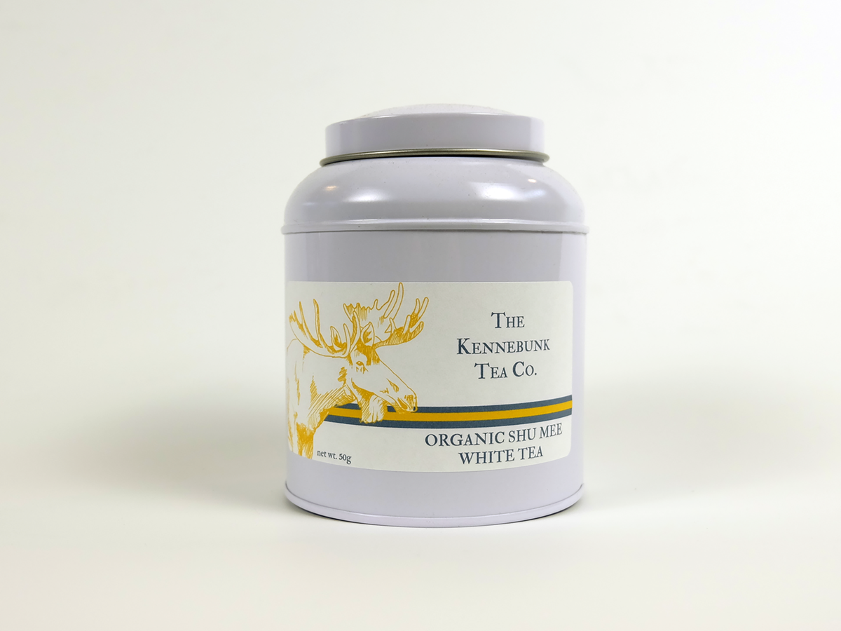 Organic Shu Mee White Tea loose leaf tea in a tin