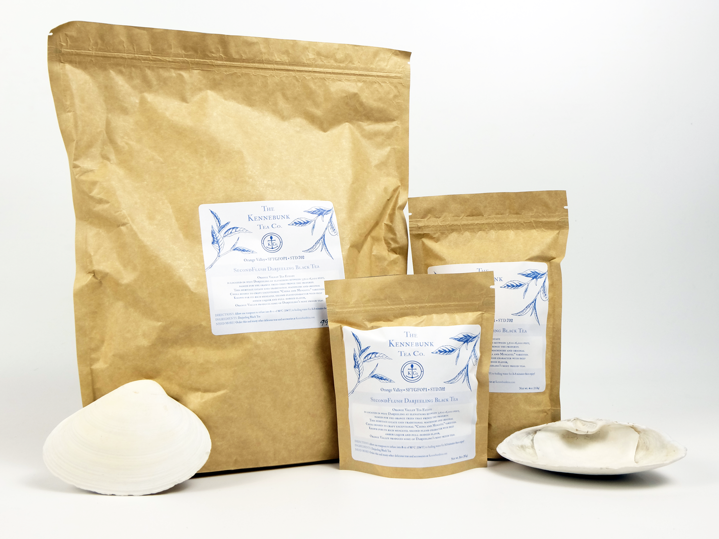 Orange Valley second flush Darjeeling in three different-sized kraft tea bags