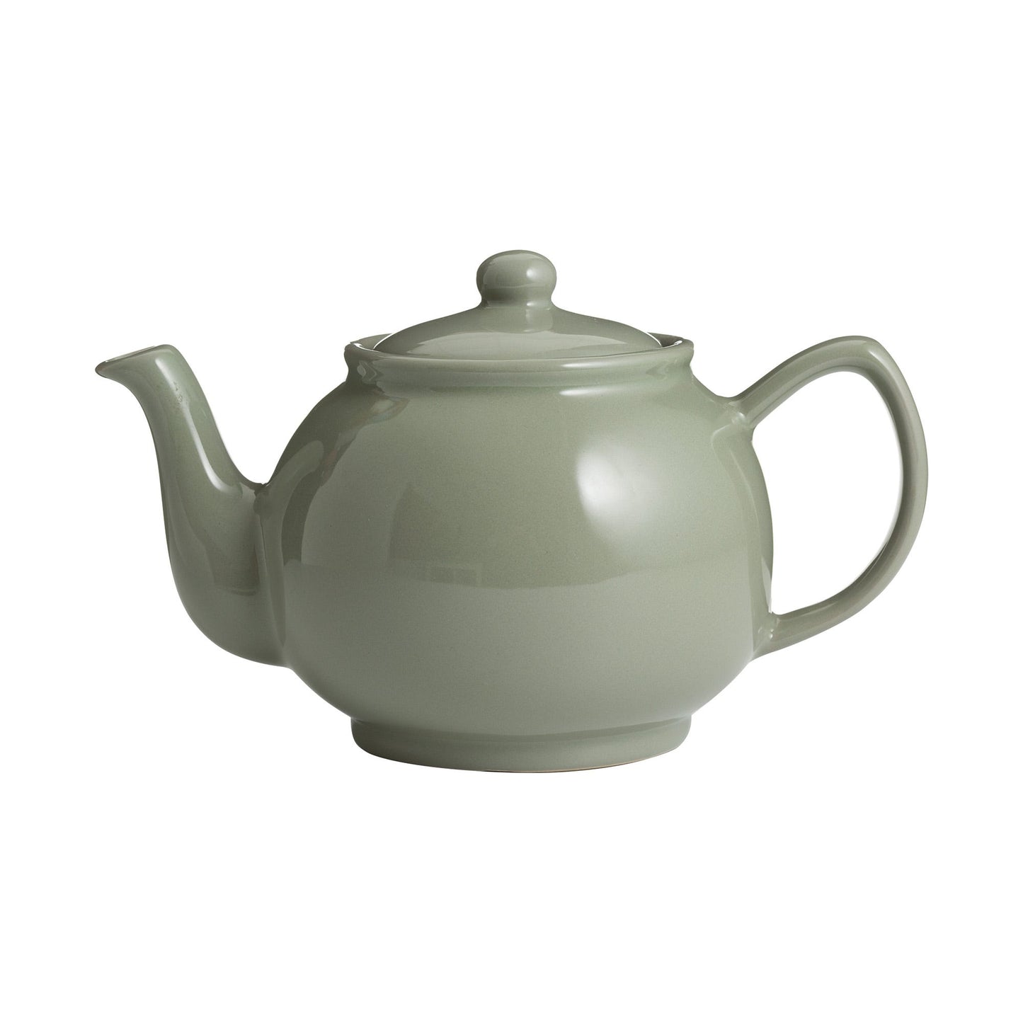 Sage green ceramic teapot with lid and curved handle on a white background