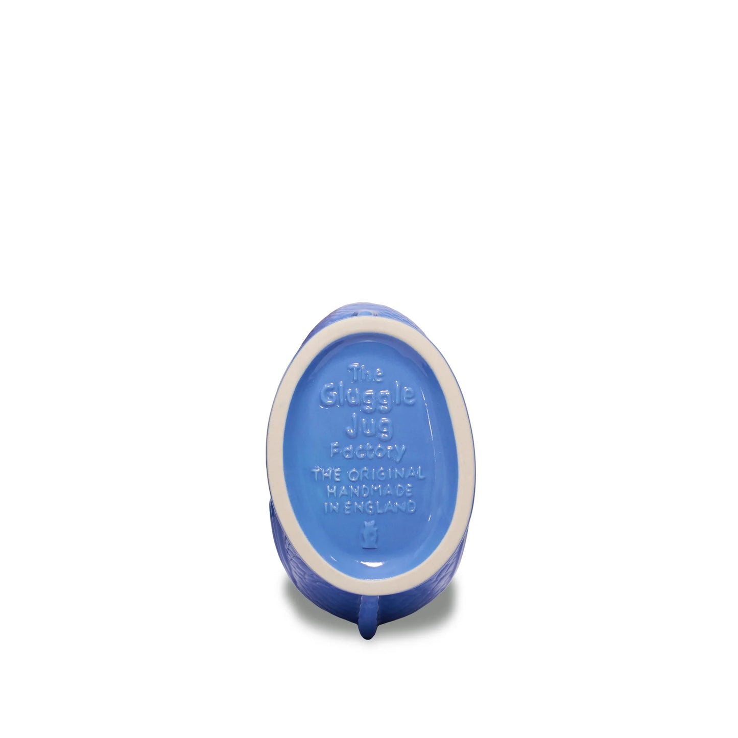 Sea blue ceramic product with 'The Gluggle Jug Factory handmade in England' text on a white background