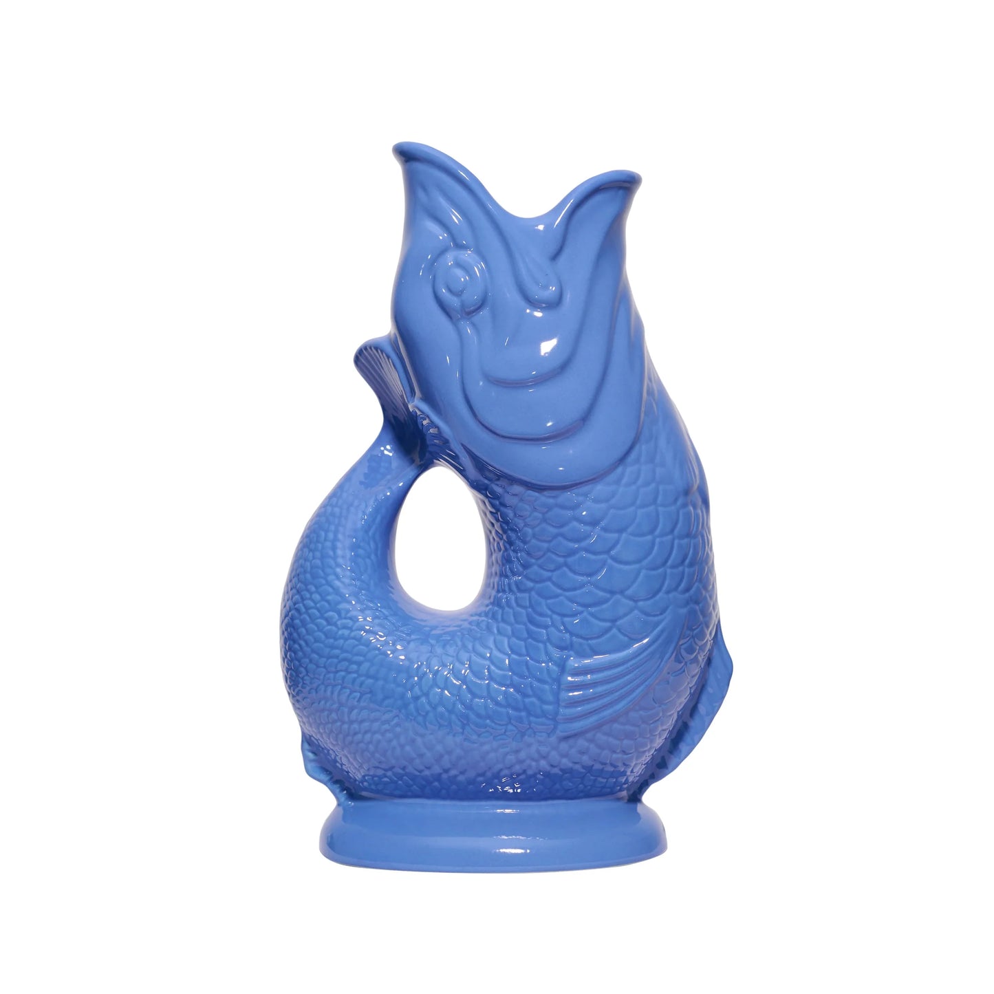 Side view of sea blue ceramic fish-shaped Gluggle jug 