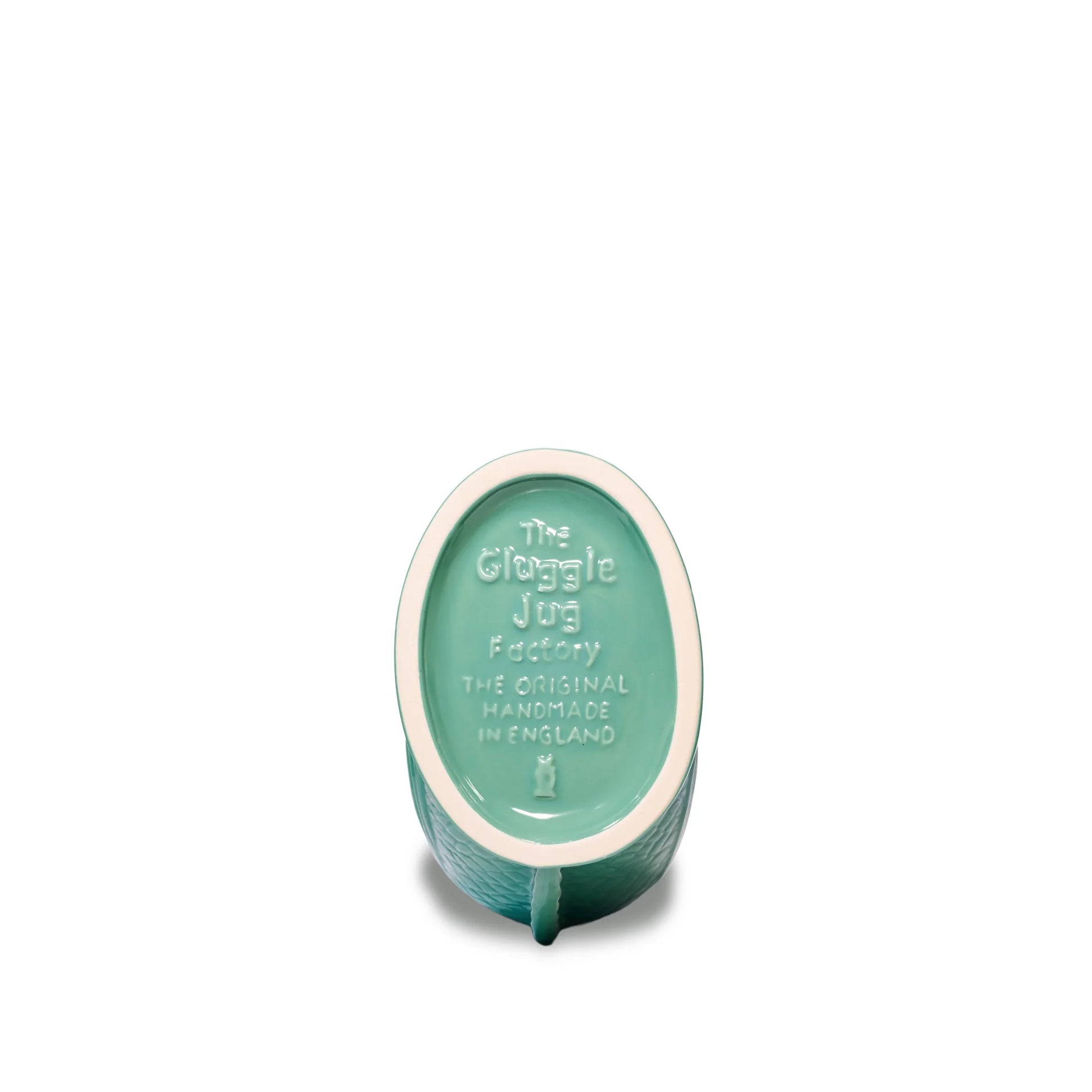 Sea Green ceramic product with 'The Gluggle Jug Factory handmade in England' text on a white background