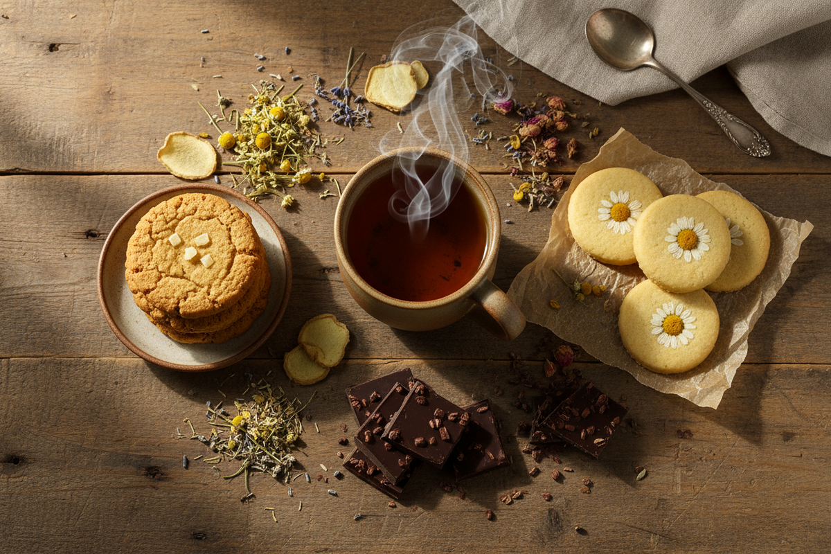 Tea cup with cookies and chocolate on a wooden table