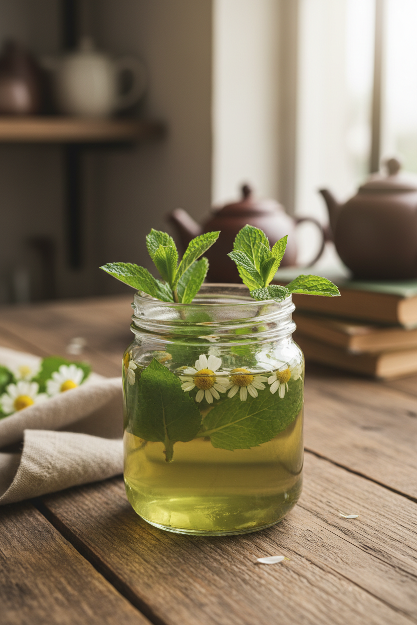 Mason jar with herbal tea and mint leaves on a wooden table