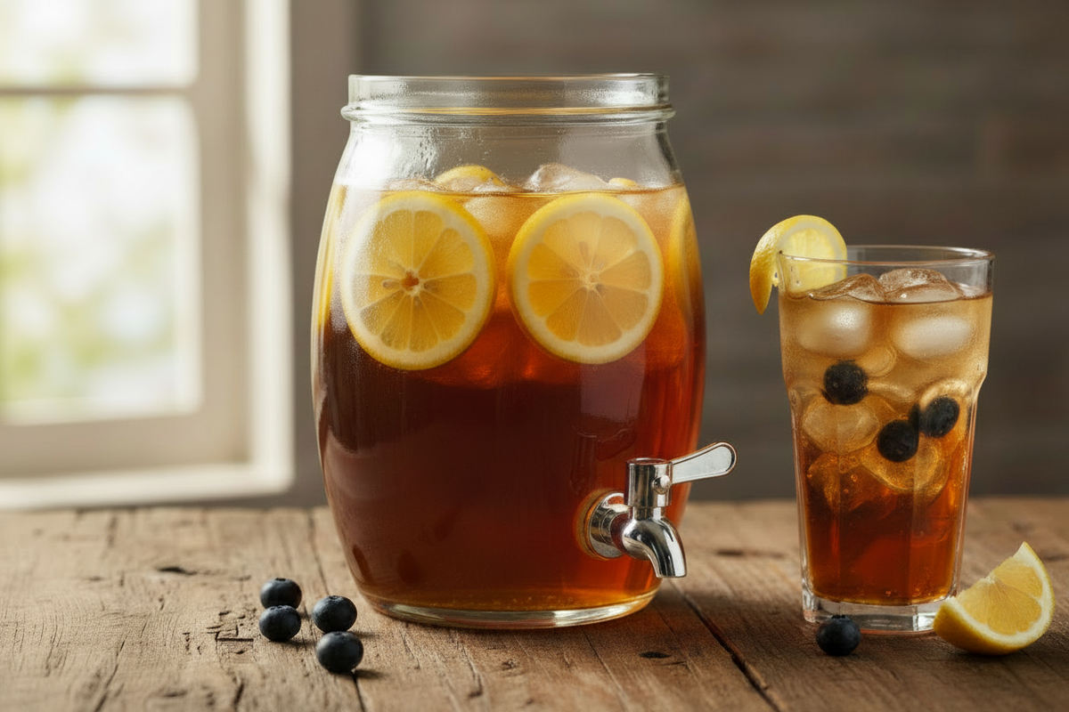 Glass jar with lemon slices and iced tea on a wooden surface, next to a glass of iced tea with lemon and blueberries.