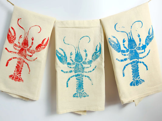 Red, teal and blue lobster print tea towels